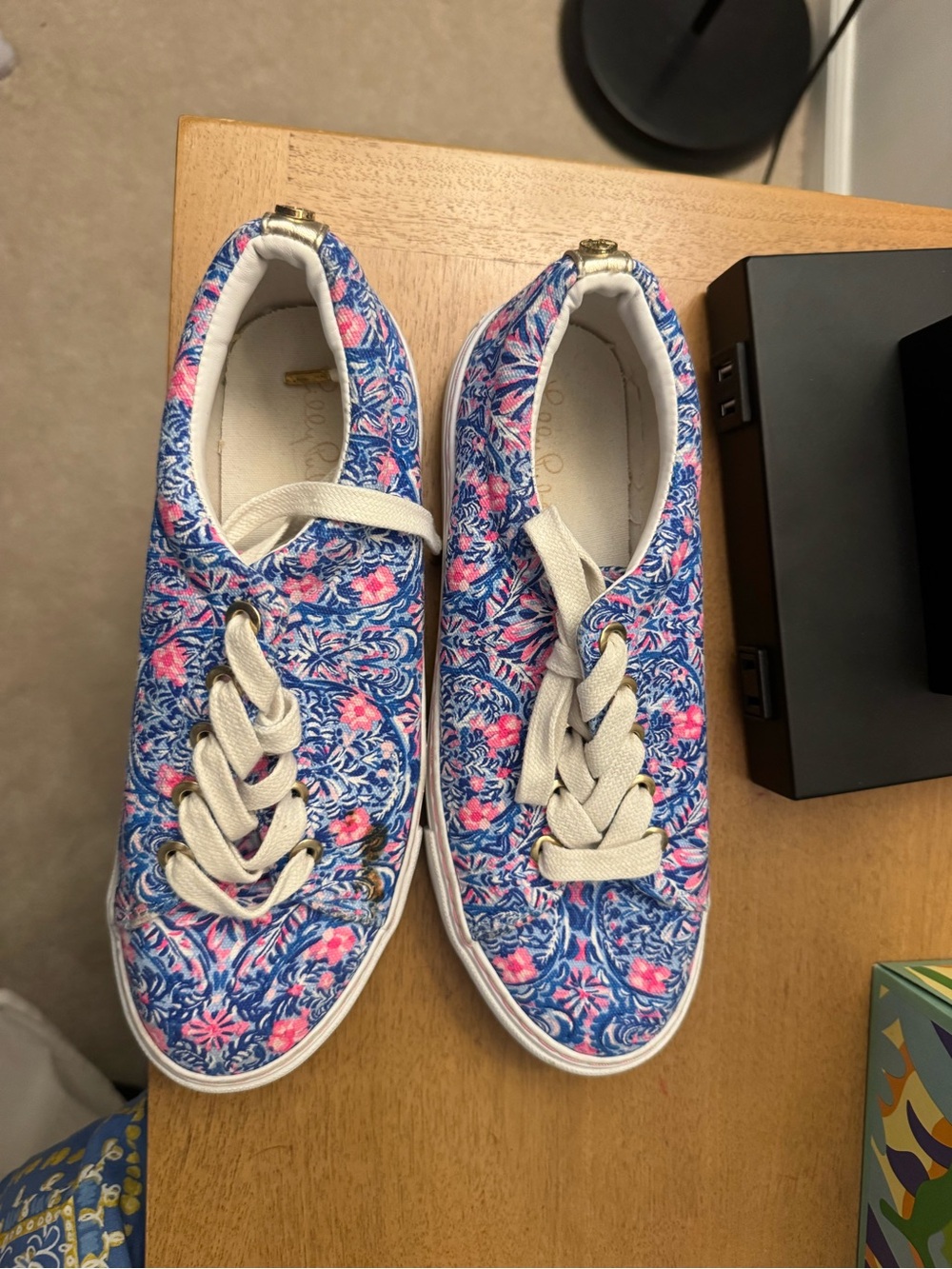 Lilly Pulitzer Blue Floral Lace-Up Sneakers with Pink Accents